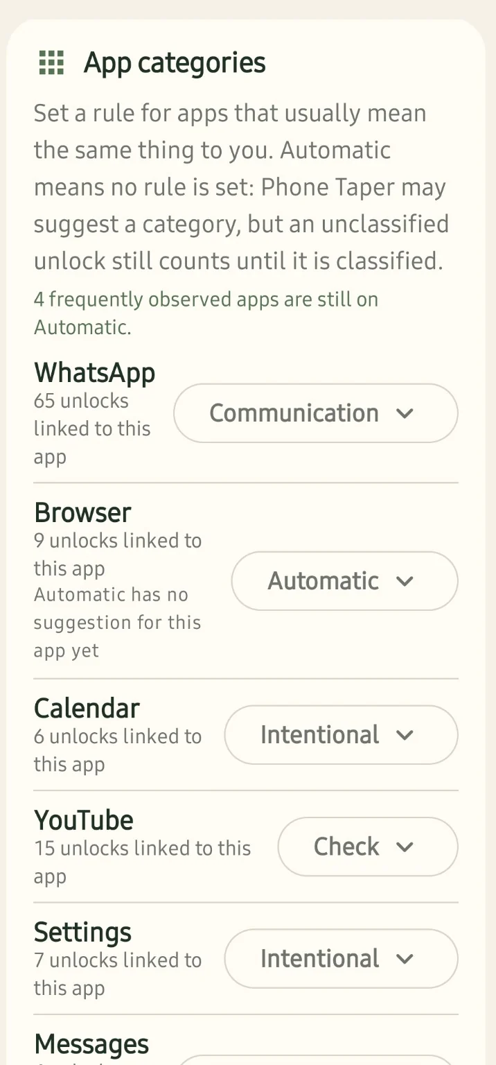 App categories screen
